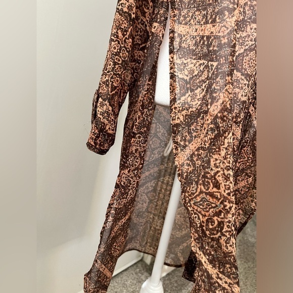 Democracy Boho Sheer Long Shirt Dress Button Front Medium Beautiful Fall Tones - Picture 5 of 5